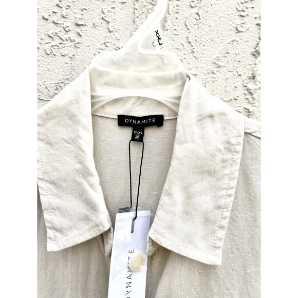 NWT Dynamite Short Sleeve Rainy Day Linen Button Down Blouse Beige Women's XS - Picture 3 of 7